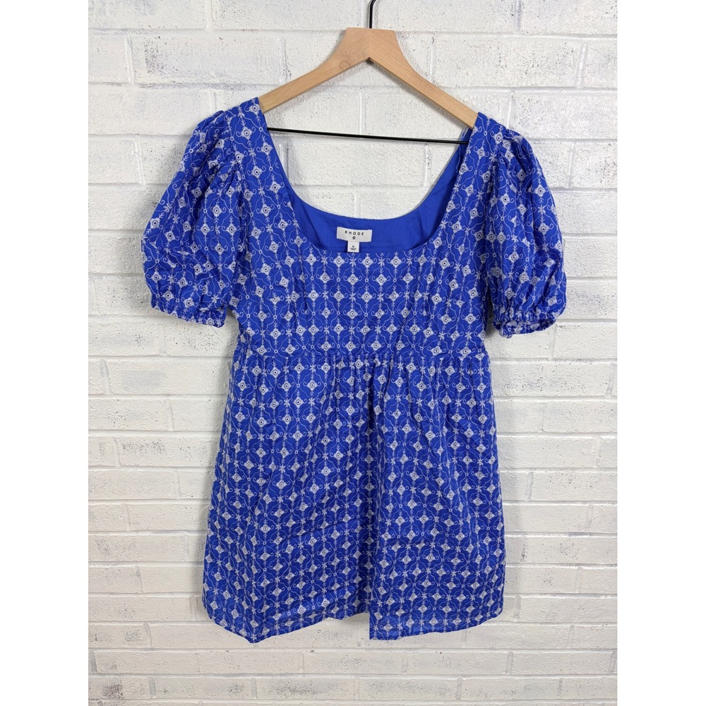 Rhode Target Babydoll Mini Dress Women M Blue White Embroidered Puff Sleeve